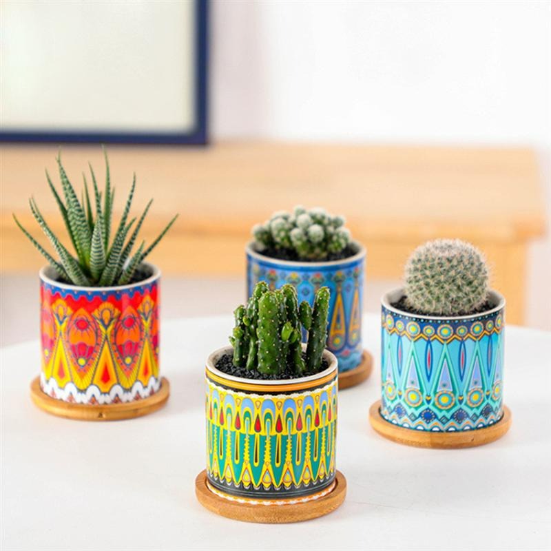 succulent mandala Mandala Pattern Ceramic Succulent Pot with Bamboo Tray
