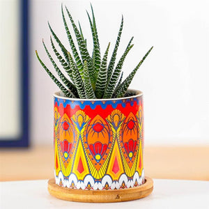 Mandala Pattern Ceramic Succulent Pot with Bamboo Tray - J